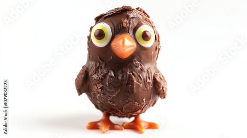 Chocolate Easter chick with bright candy eyes, isolated on white background, adorable and festive