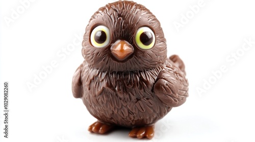 Chocolate Easter chick with bright candy eyes, isolated on white background, adorable and festive