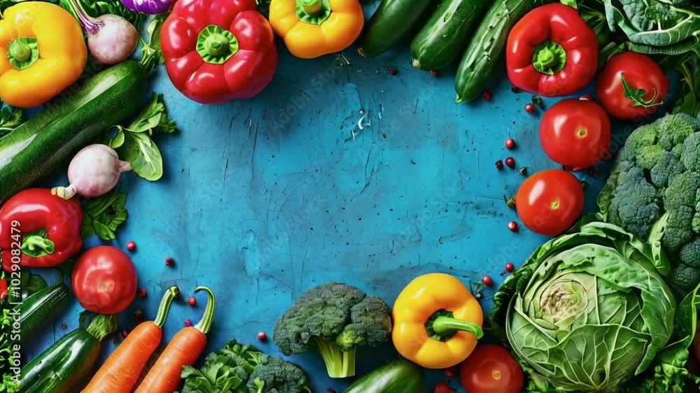 A vibrant arrangement of fresh vegetables on a blue background, showcasing healthy eating. A vibrant arrangement of fresh vegetables on a blue background, showcasing healthy eating.