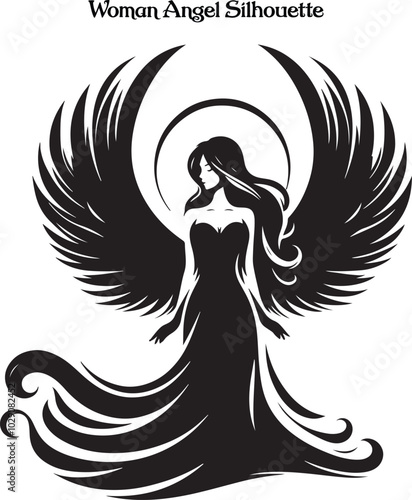 A woman angel silhouette stands gracefully, her flowing wings arched high, exuding serenity and strength. Her poised figure and gentle posture evoke a sense of divine beauty, peace, and ethereal grace