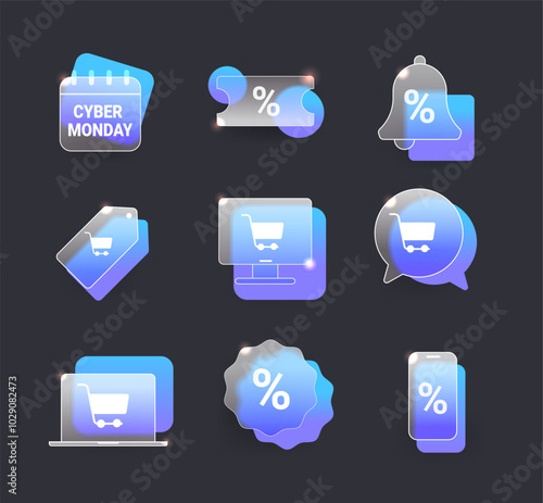 Blue glass morphism Cyber Monday icons set. E-Commerce symbol collection