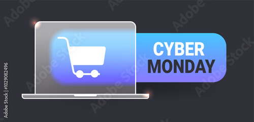 Glass morphism Cyber Monday laptop button on dark background. Vector sale bar