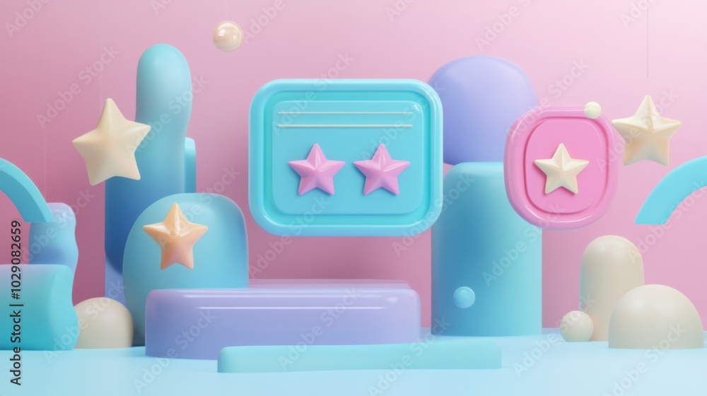 3D illustration of a digital interface where users rate a new product, focusing on feedback stars and comments 3D illustration of a digital interface where users rate a new product, focusing on feedback stars and comments