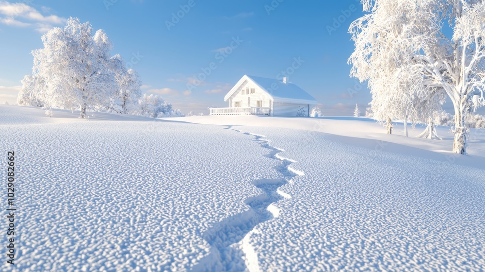 Obraz premium Winter Wonderland - Cozy Cabin in Snowy Landscape with Wildlife Tracks, Cinematic Light