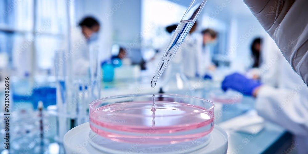 Close-up of a petri dish in a medical analysis laboratory, with a pipette dispensing a clear liquid onto the surface. In the background, blurred scientific instruments. Close-up of a petri dish in a medical analysis laboratory, with a pipette dispensing a clear liquid onto the surface. In the background, blurred scientific instruments.