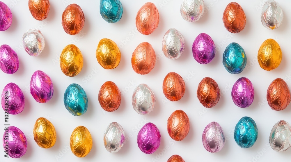 Chocolate Easter eggs wrapped in colorful foil, arranged on white background, festive holiday sweets Chocolate Easter eggs wrapped in colorful foil, arranged on white background, festive holiday sweets