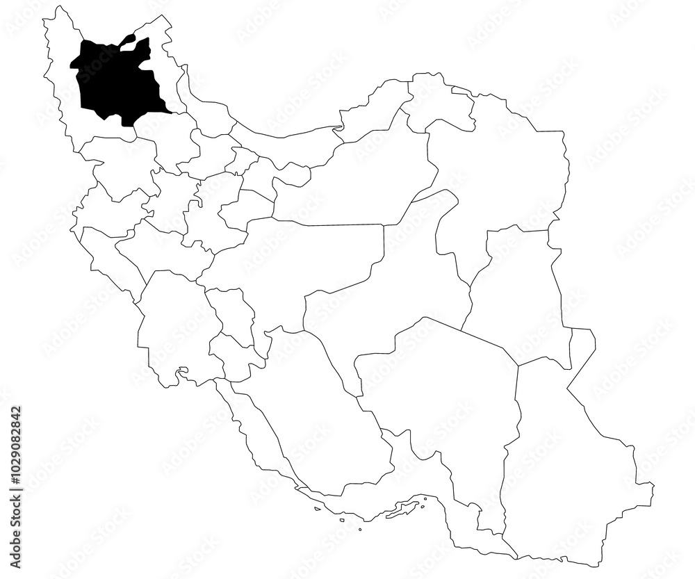 Map of East Azerbaijan province in Iran country on white background. Single province map highlighted by black colour on Iran map. Middle East, ir Map of East Azerbaijan province in Iran country on white background. Single province map highlighted by black colour on Iran map. Middle East, ir