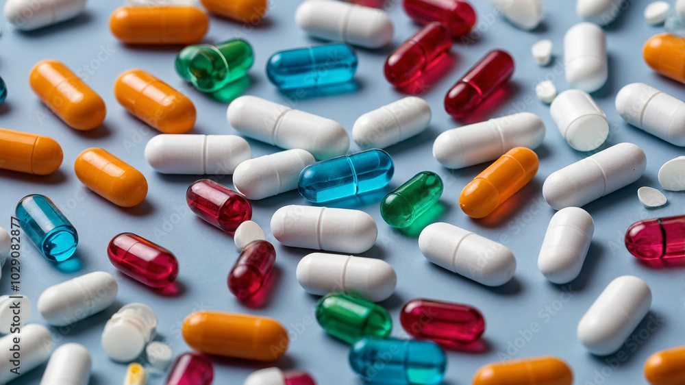 Various colorful pills and capsules scattered on a blue background in an abstract arrangement. Various colorful pills and capsules scattered on a blue background in an abstract arrangement.