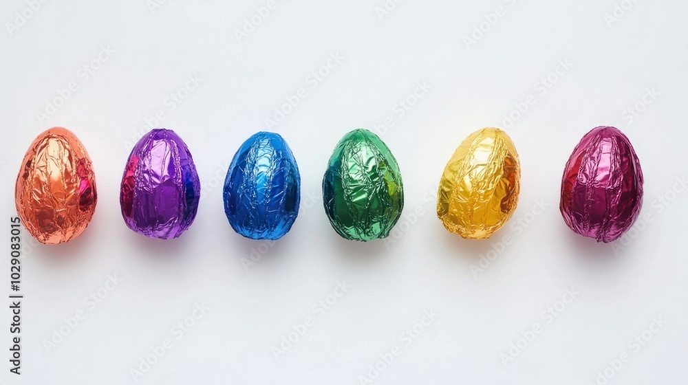Chocolate Easter eggs wrapped in colorful foil, arranged on white background, festive holiday sweets Chocolate Easter eggs wrapped in colorful foil, arranged on white background, festive holiday sweets