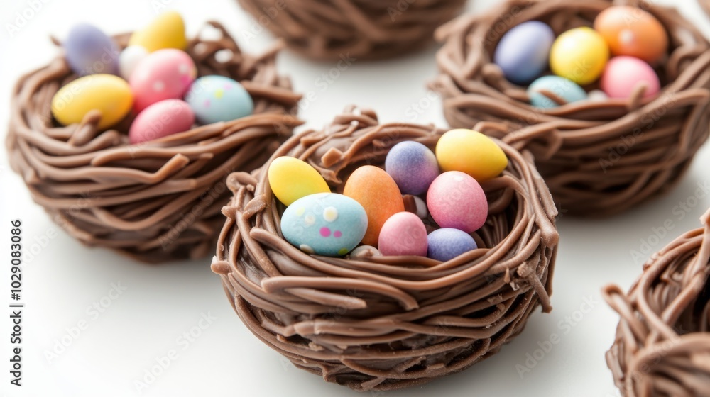 Chocolate Easter nests filled with mini candy eggs, arranged on white background, traditional Easter treat Chocolate Easter nests filled with mini candy eggs, arranged on white background, traditional Easter treat