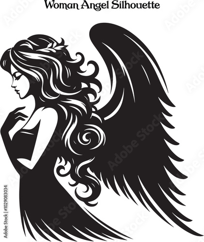 A woman angel silhouette stands gracefully, her flowing wings arched high, exuding serenity and strength. Her poised figure and gentle posture evoke a sense of divine beauty, peace, and ethereal grace