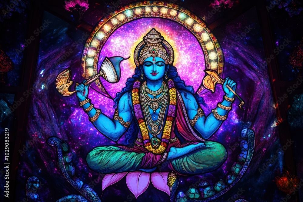 A cosmic-themed stained glass of Lord Vishnu resting on the serpent Shesha, surrounded by glowing blues and purples, with his four arms holding the conch, lotus, discus, and mace A cosmic-themed stained glass of Lord Vishnu resting on the serpent Shesha, surrounded by glowing blues and purples, with his four arms holding the conch, lotus, discus, and mace