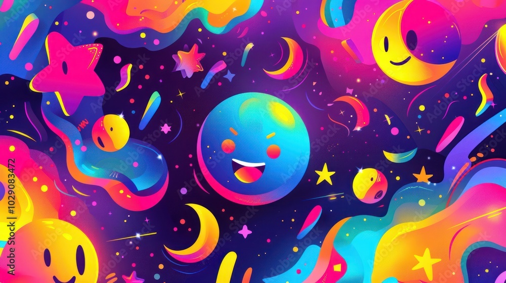 Abstract colorful background with a smiling planet, stars, moons and wavy shapes on dark background. Abstract colorful background with a smiling planet, stars, moons and wavy shapes on dark background.