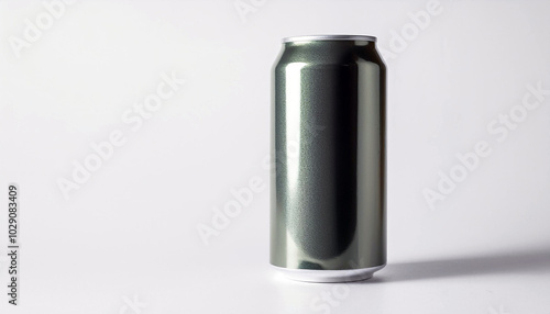 A solitary, dark metallic can stands tall against a stark white backdrop. Its sleek design and subtle sheen catch the light, creating a minimalist yet captivating visual.