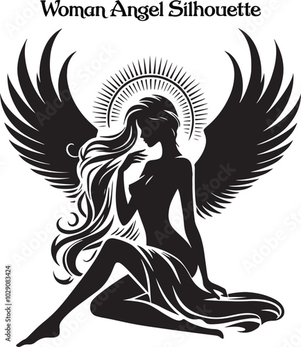 A woman angel silhouette stands gracefully, her flowing wings arched high, exuding serenity and strength. Her poised figure and gentle posture evoke a sense of divine beauty, peace, and ethereal grace