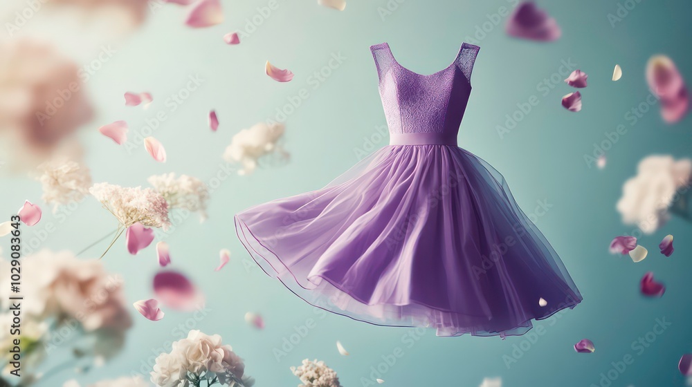 Obraz premium A purple dress floats amidst falling petals, creating a whimsical and ethereal scene.
