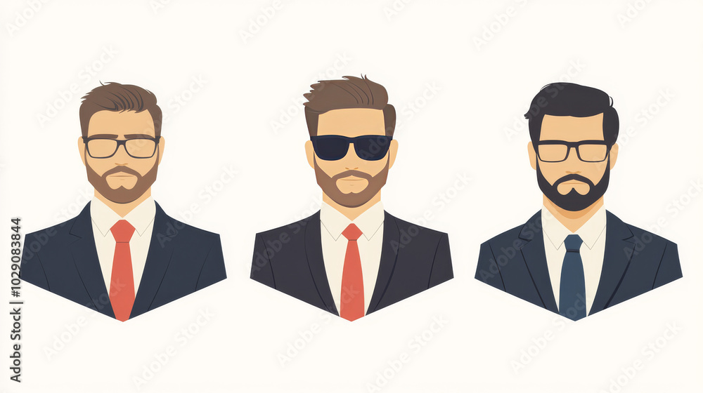 Three men in suits with different hairstyles, glasses and expressions. Three men in suits with different hairstyles, glasses and expressions.