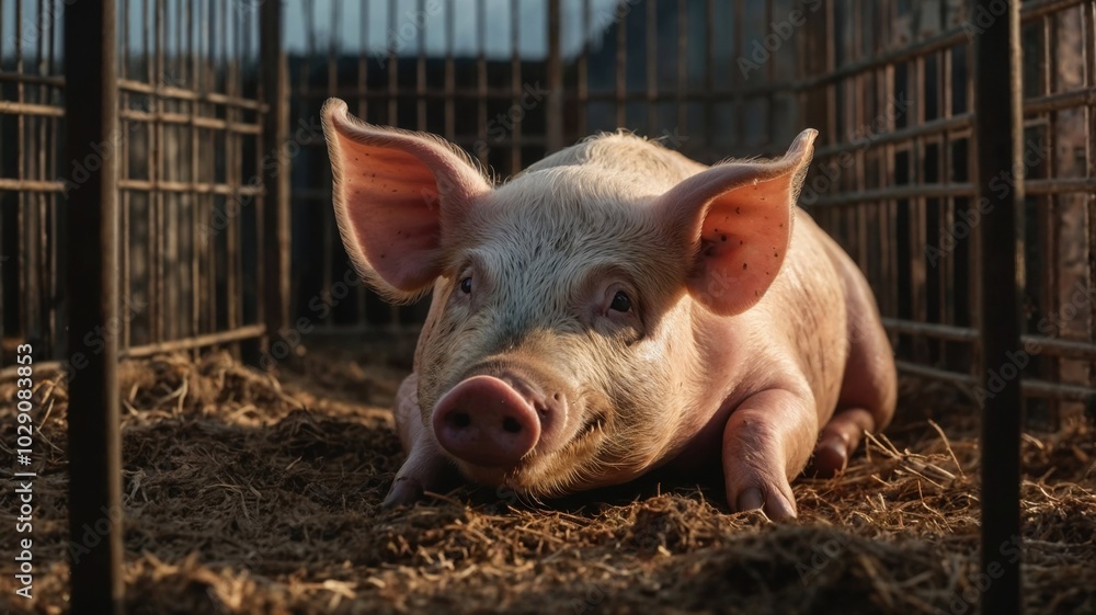 A domestic pig is peacefully laying on the ground in its pen area A domestic pig is peacefully laying on the ground in its pen area