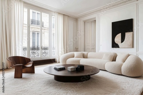 Modern Minimalist Living Room with Plush Seating and Large Windows Revealing Cityscape View