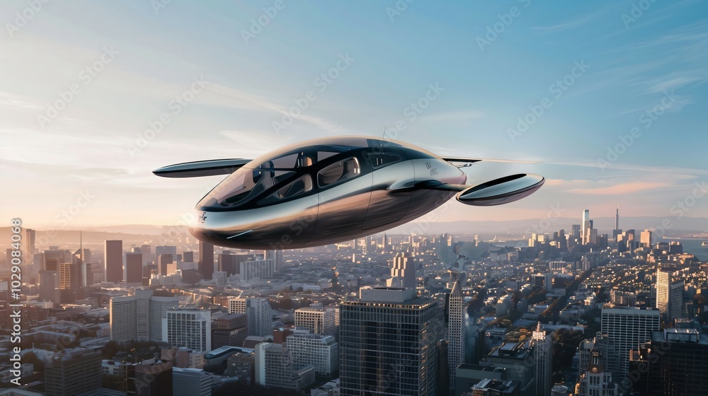 Sleek electric air taxi hovering above futuristic city skyline, smooth aerodynamic design, golden hour sunlight, modern transportation concept. Sleek electric air taxi hovering above futuristic city skyline, smooth aerodynamic design, golden hour sunlight, modern transportation concept.