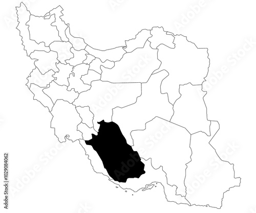 Map of fars province in Iran country on white background. Single province map highlighted by black colour on Iran map. Middle East, ir photo