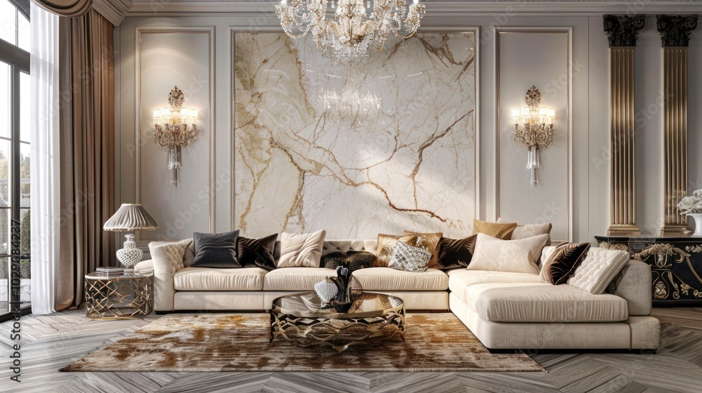 Luxurious Living Room with Sectional Sofa and Marble Wall Luxurious Living Room with Sectional Sofa and Marble Wall