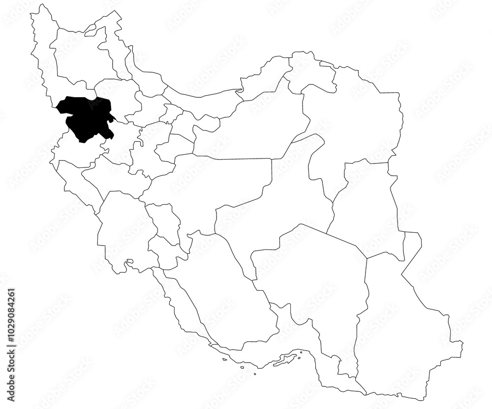 Map of Kurdistan province in Iran country on white background. Single province map highlighted by black colour on Iran map. Middle East, ir Map of Kurdistan province in Iran country on white background. Single province map highlighted by black colour on Iran map. Middle East, ir