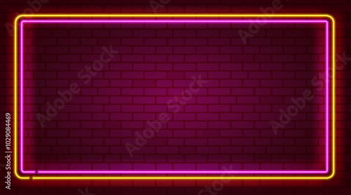 Rectangle neon frame Yellow and Pink colors at brick wall background. Glowing neon frame in retro 80s - 90s style. Colored neon sign with empty space. Editable Vector	
 photo