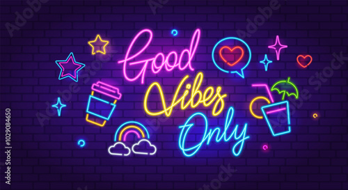 Good Vibes Only - Retro Neon sign with neon icons cafe or bar in 90s style. Neon signboard, light banner with text Good Vibes Only. Neon sign for night club, music, party. Editable vector