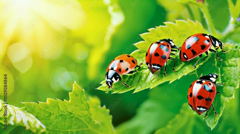 Three ladybugs on green leaves in a bright, natural setting. Three ladybugs on green leaves in a bright, natural setting.