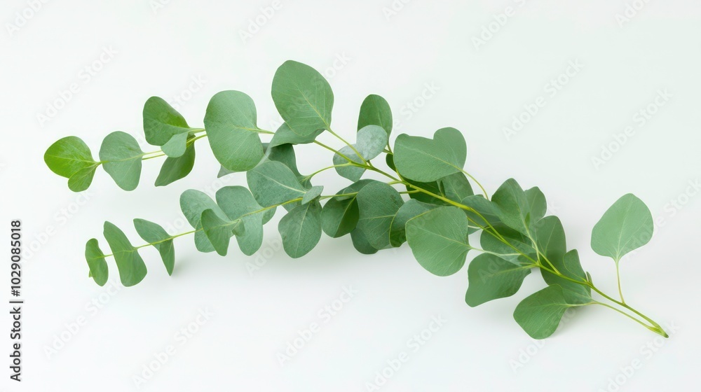 Obraz premium A sprig of eucalyptus leaves with green foliage isolated on a white background.