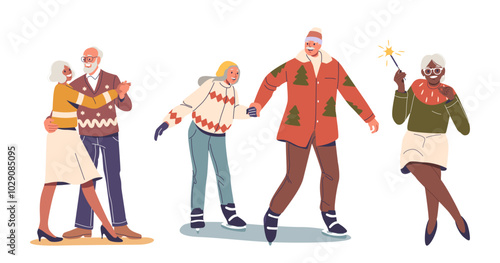 Elderly Couples Celebrating Christmas. The Image Shows Joyful Seniors Dancing And Ice Skating, Embracing Holiday Spirit