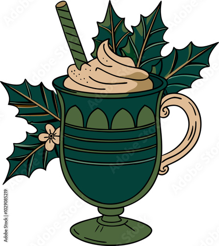 Festive eggnog illustration with holly leaves in vintage style