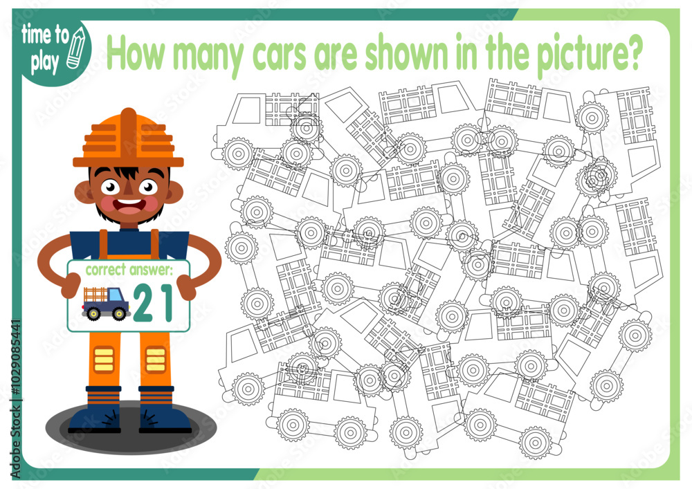 Fototapeta premium Count how many cars are hidden in the picture. How many objects are there in the picture? Educational game for children. Colorful cartoon characters. Funny vector illustration