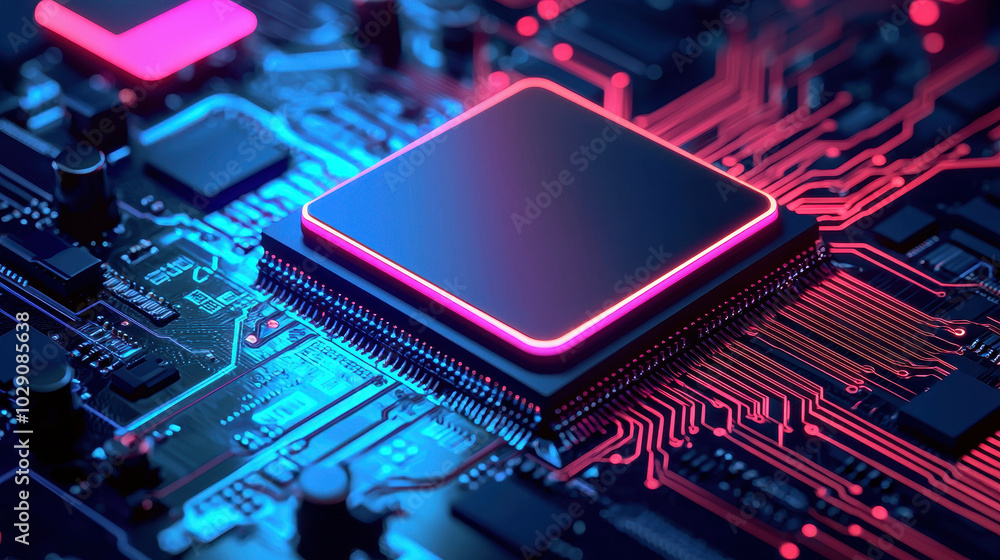 High tech microprocessor on circuit board with vibrant neon lights, showcasing advanced technology and intricate design. image captures essence of modern computing High tech microprocessor on circuit board with vibrant neon lights, showcasing advanced technology and intricate design. image captures essence of modern computing