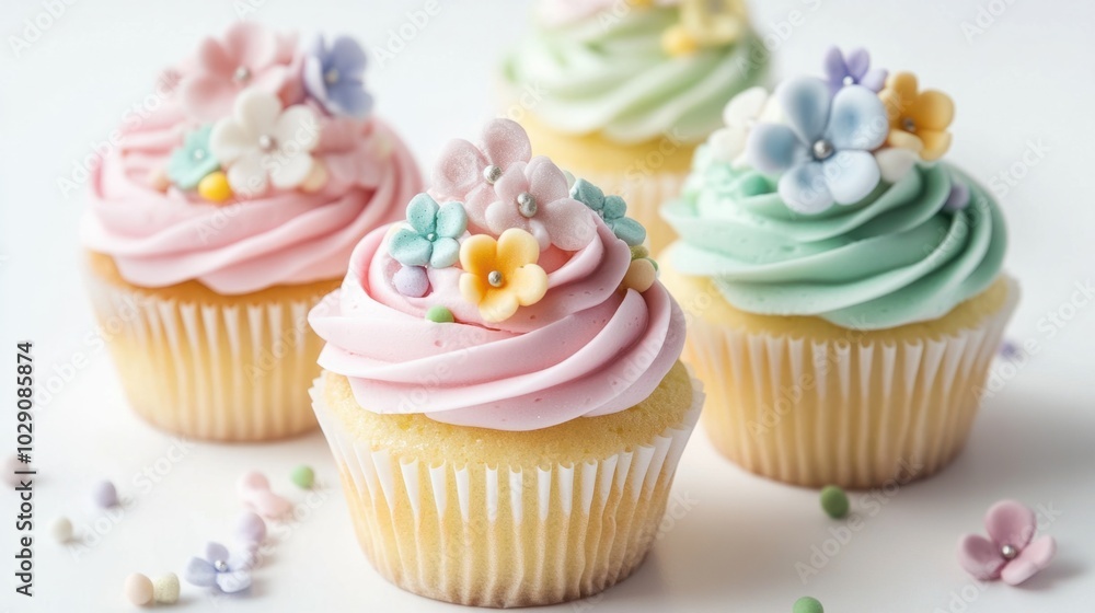 Easter cupcakes with pastel-colored frosting and tiny sugar flowers, isolated on white background Easter cupcakes with pastel-colored frosting and tiny sugar flowers, isolated on white background