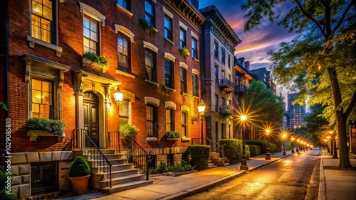 Night Photography of Urban Brick Apartment Building with Street Views and Ambient Lighting