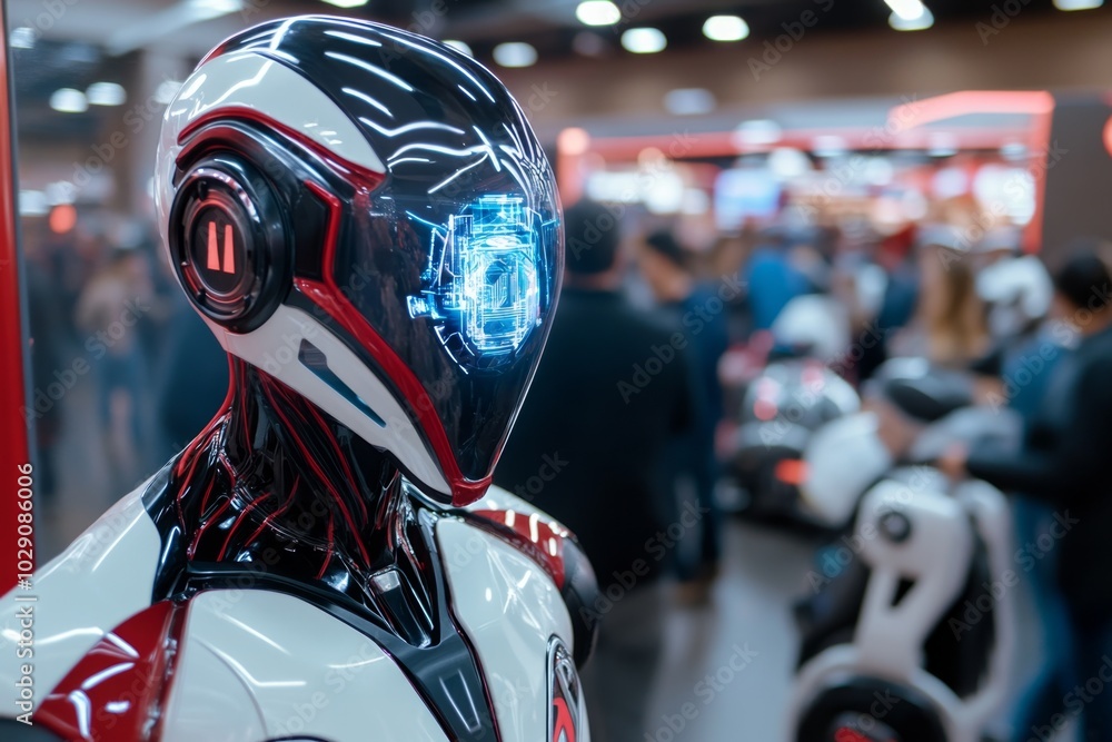 Panorama of a high-tech futuristic market, with robotic vendors, holographic displays, and advanced vehicles moving through a bustling crowd of people Panorama of a high-tech futuristic market, with robotic vendors, holographic displays, and advanced vehicles moving through a bustling crowd of people