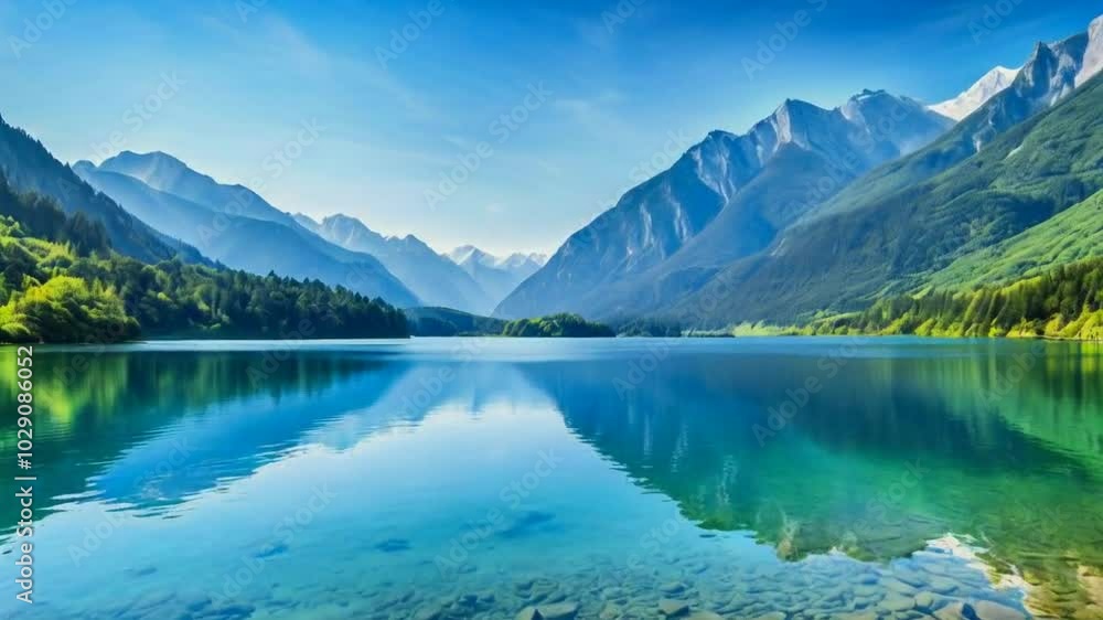 Serene mountain lake reflecting blue skies and towering peaks, evoking tranquility and nature's beauty. Serene mountain lake reflecting blue skies and towering peaks, evoking tranquility and nature's beauty.
