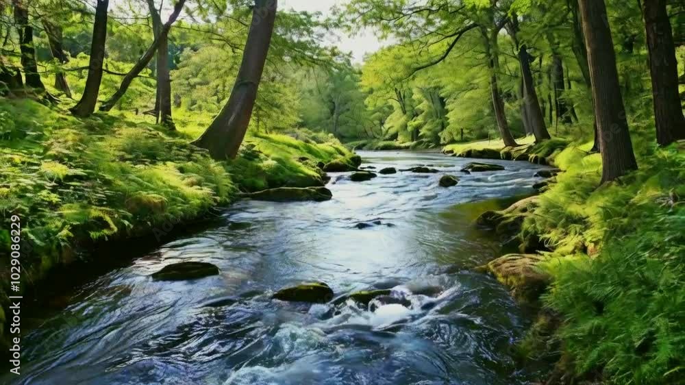 A serene river flows through a lush green forest, showcasing nature's tranquility. A serene river flows through a lush green forest, showcasing nature's tranquility.