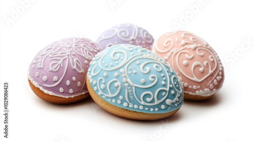 Easter egg cookies with intricate icing designs in pastel colors, isolated on white background