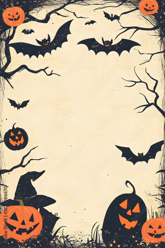 Halloween theme card with retro doodles for holiday decor, bats, pumpkins and scary trees, crafting projects with copy space Halloween theme card with retro doodles for holiday decor, bats, pumpkins and scary trees, crafting projects with copy space