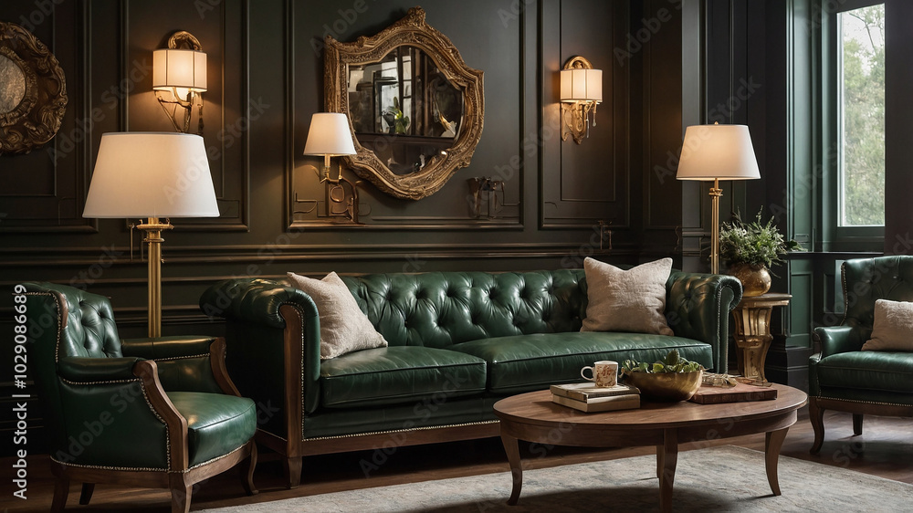 Luxurious green leather sofa in elegant room with warm lighting, classic design, and tall floor lamps. Luxurious green leather sofa in elegant room with warm lighting, classic design, and tall floor lamps.