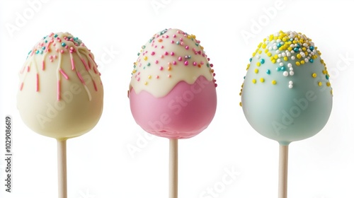 Easter egg-shaped cake pops decorated with colorful icing and sprinkles, isolated on white background