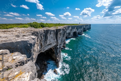 Panoramic view from a cliffside, overlooking a rocky coastline, with waves crashing against the cliffs below and a lighthouse in the distance