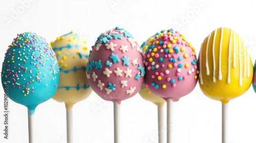 Easter egg-shaped cake pops decorated with colorful icing and sprinkles, isolated on white background