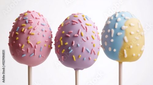 Easter egg-shaped cake pops decorated with colorful icing and sprinkles, isolated on white background