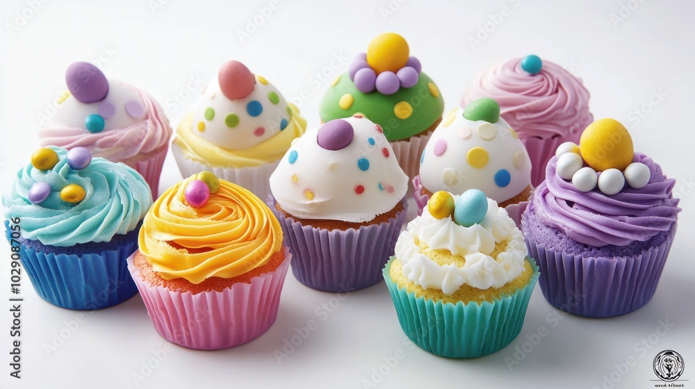 Easter egg-shaped cupcakes with colorful frosting and candy decorations, arranged on white background Easter egg-shaped cupcakes with colorful frosting and candy decorations, arranged on white background