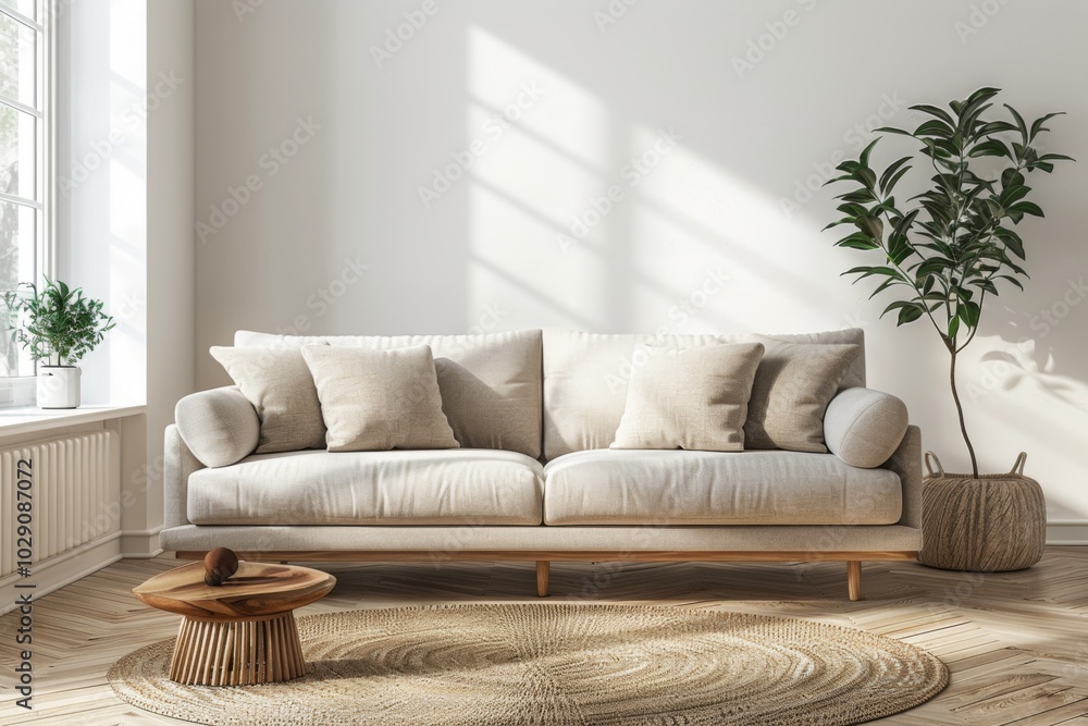 Minimalistic Living Room with Beige Sofa, Light Wood Herringbone Floor, and Soft Lighting Near Window Minimalistic Living Room with Beige Sofa, Light Wood Herringbone Floor, and Soft Lighting Near Window