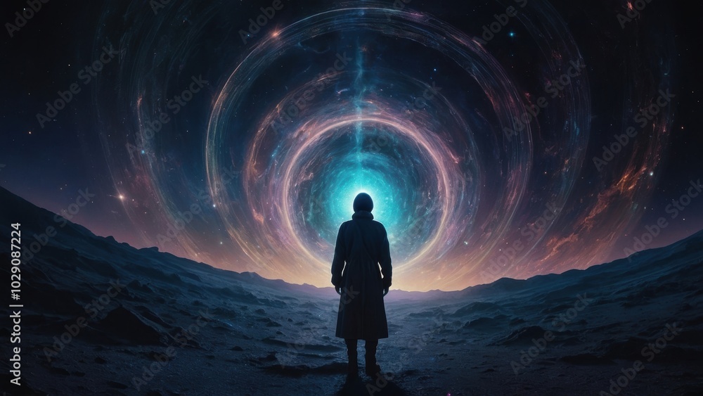 Fototapeta premium A breathtaking wormhole navigator shimmers with celestial beauty while navigating the vast expanse of space